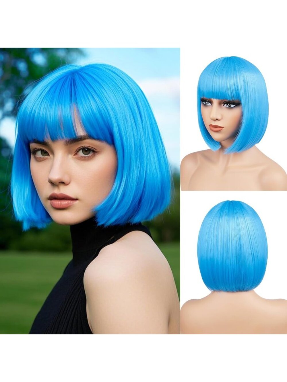 Women Baby Blue Heat Resistant Synthetic Bob Party Neon Wig Bangs 12 Inch
